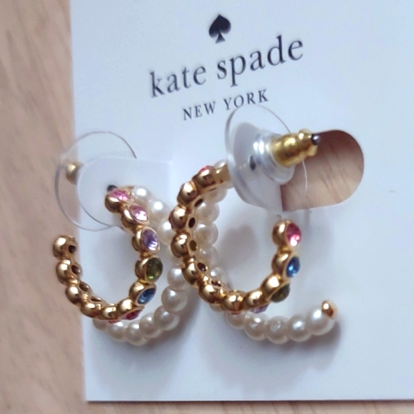 Kate Spade Colorful Crystal Gold Duo Strand Pearl Mini Hoop Earrings - Picture 1 of 4